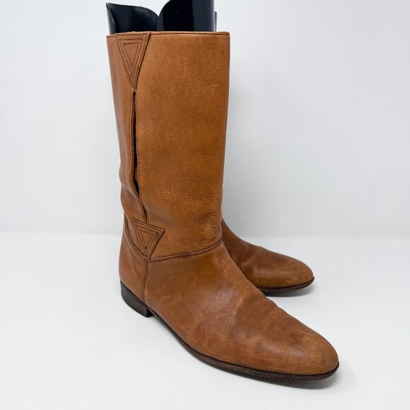 Vintage HipOppoTamus Cognac Brown Leather Mid Calf Boots Men's Size 9.5 Pull On - Picture 1 of 10